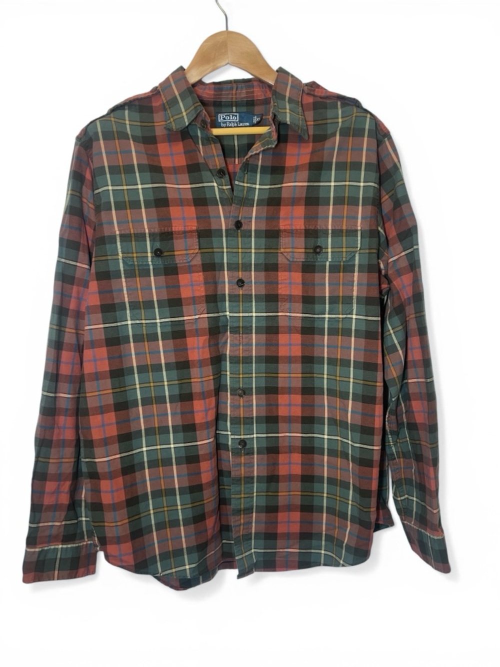 Ralph Lauren Hunting Shirt Cotton Long Plaid Button-Down Epaulette XL Vintage
